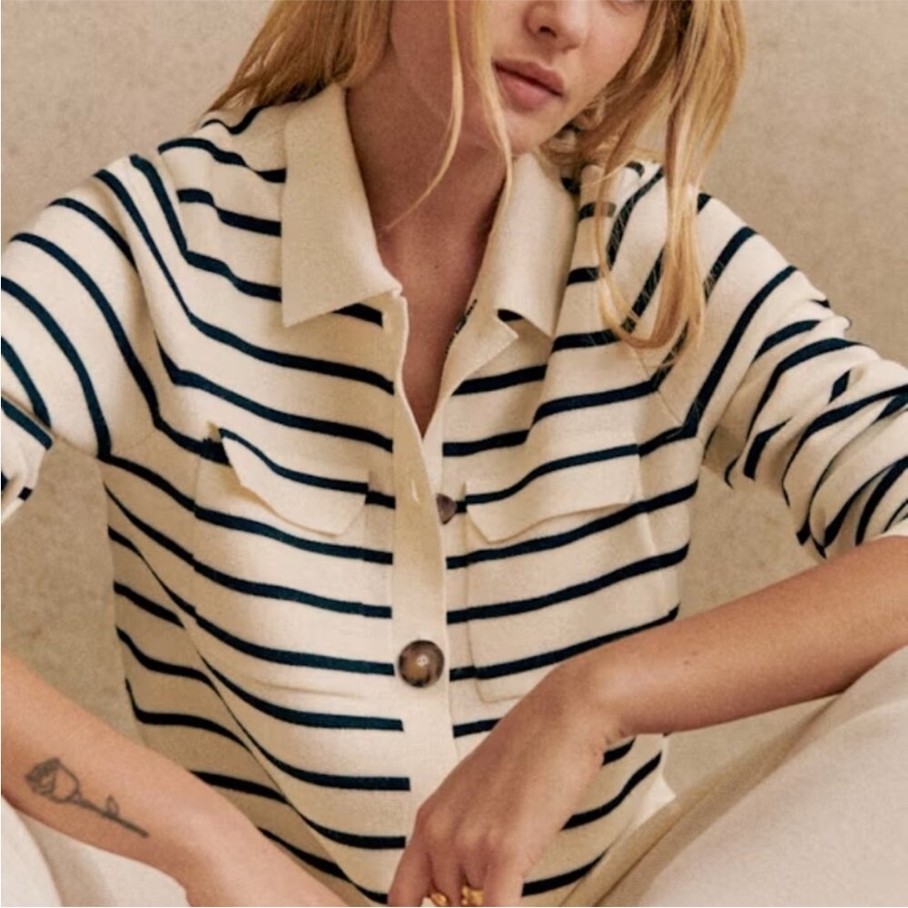 Sezane Betty Cardigan in Ecru Navy Stripe size small - Picture 1 of 5